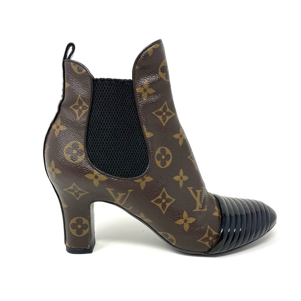 Louis Vuitton Monogram Revival Heel Ankle Boots Canvas Leather Brown Black EU 37